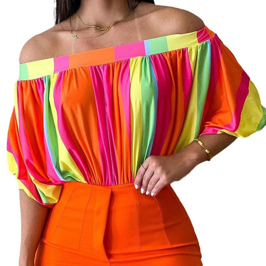 Fashionable Batwing Sleeve Short Sleeve Top Orange Stripe