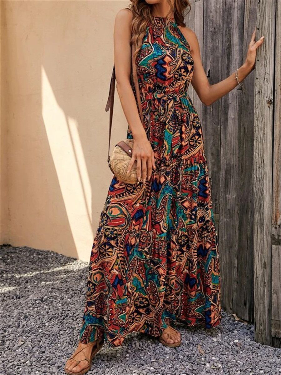 Fashionable High Waist Bohemian Dress with 3D Effect Caramel