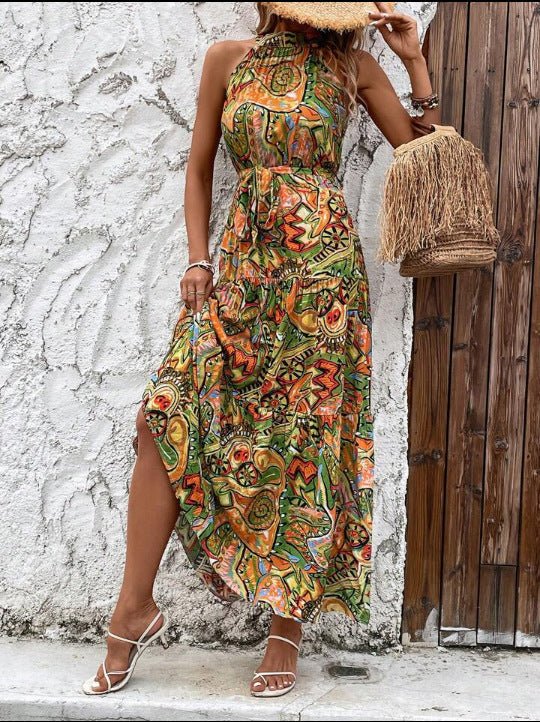 Fashionable High Waist Bohemian Dress with 3D Effect Orange Green