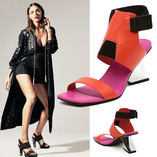 Fashionable Lizard Skin Profiled High - heeled Flip - flop Color Matching Roman Sandals Women Slippers Black