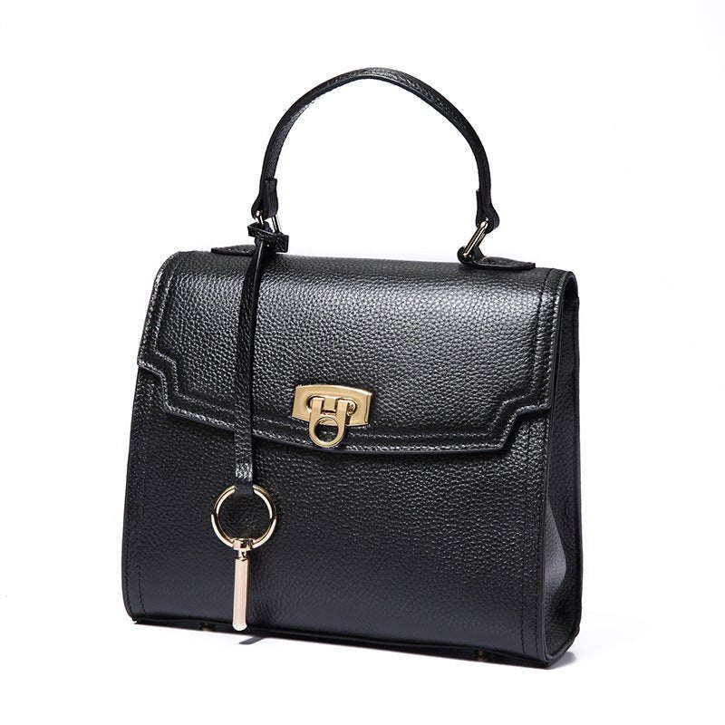 Fashionable Portable Crossbody Bag in Top Layer Cattlehide Leather Black