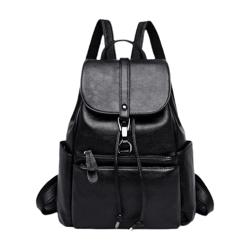 Fashionable Women's Cattlehide Leather All - Matching Genuine Leather Bag Black Pocket Drawstring