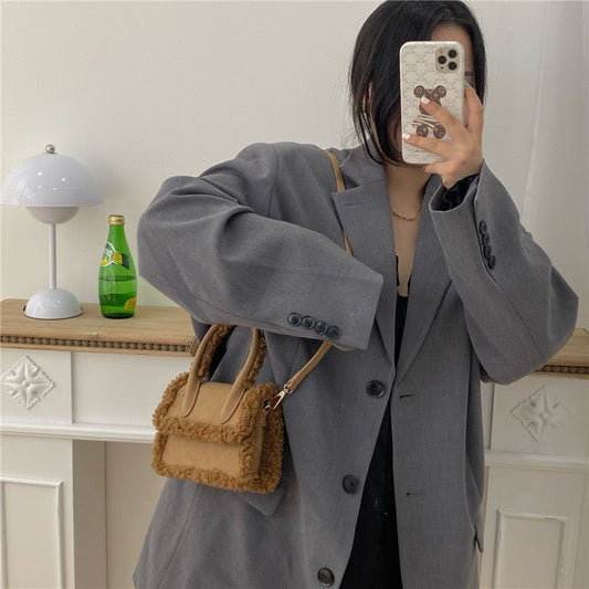 Faux Fur Stitching One - Shoulder Messenger Clutch Bag Black