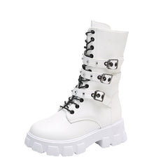 Buckle Lace-up Side Zip Punk Women's Mid Boots