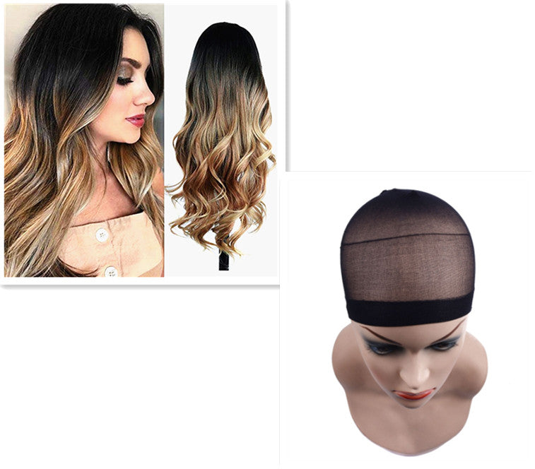 Gradient Color Big Wave Chemical Fiber Wig Hood Brown set