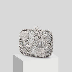 Female Fashion Star Flower Rhinestone Clutch Dinner Bag Silver