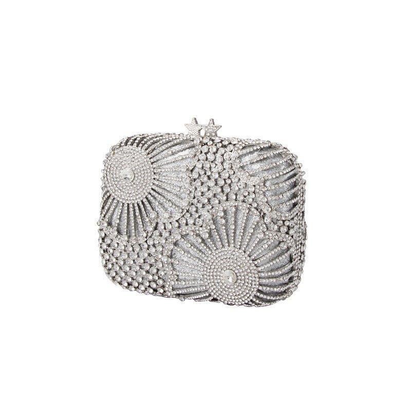 Female Fashion Star Flower Rhinestone Clutch Dinner Bag Silver