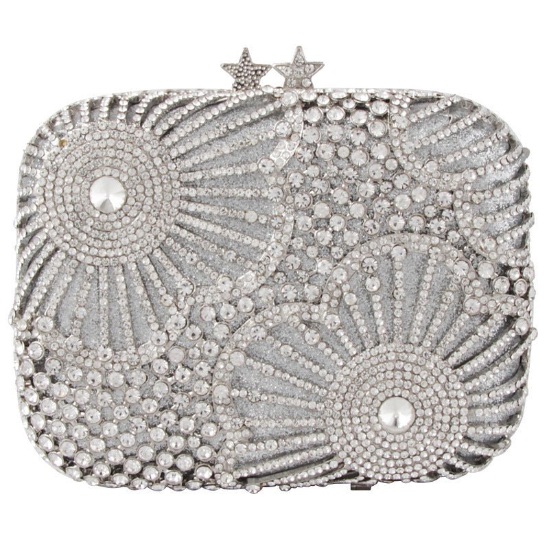 Female Fashion Star Flower Rhinestone Clutch Dinner Bag Silver