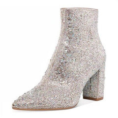 Female Special Interest Light Luxury Vintage Leather Boots Rhinestone Pink