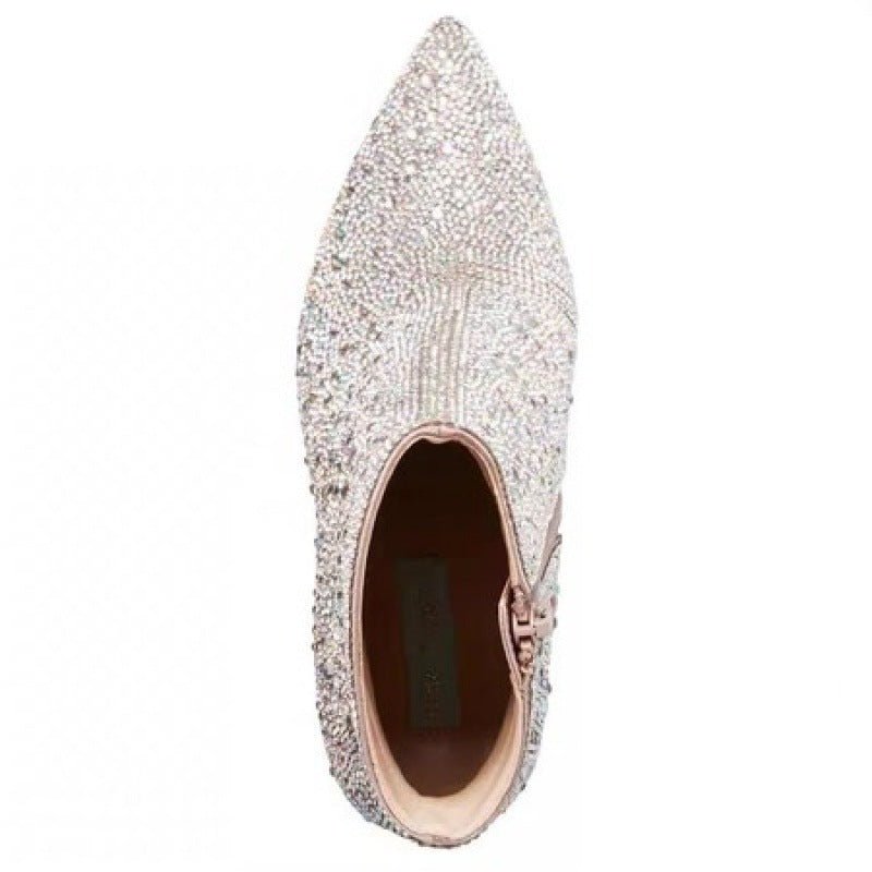 Female Special Interest Light Luxury Vintage Leather Boots Rhinestone Pink