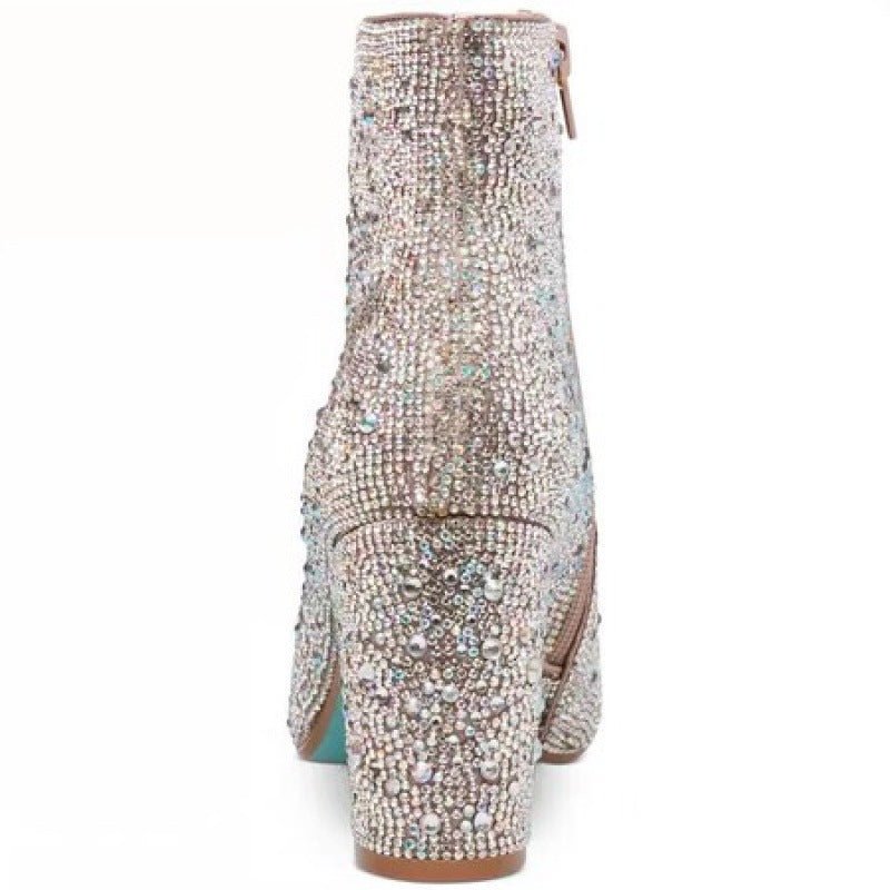 Female Special Interest Light Luxury Vintage Leather Boots Rhinestone Pink