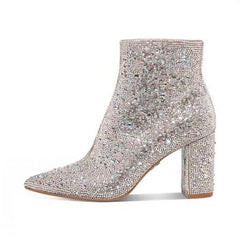 Female Special Interest Light Luxury Vintage Leather Boots Rhinestone Pink