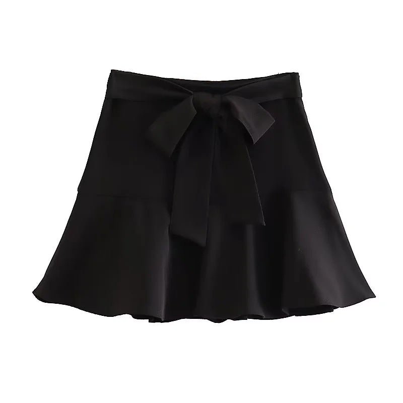 Feminine Lotus Leaf Skirt with Bow - knot Ties Trimmings Stylish Skirt Black