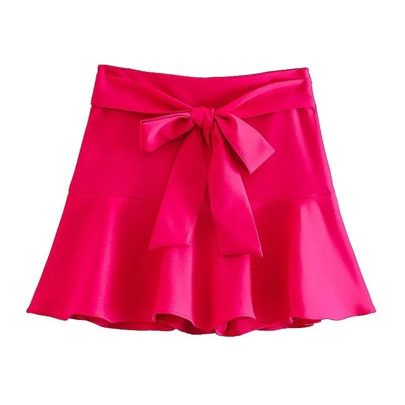 Feminine Lotus Leaf Skirt with Bow - knot Ties Trimmings Stylish Skirt Rose Red