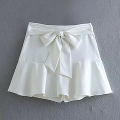 Feminine Lotus Leaf Skirt with Bow - knot Ties Trimmings Stylish Skirt White