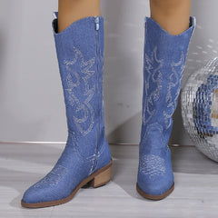 Women's Embroidered Round Toe Chunky Heel Boots