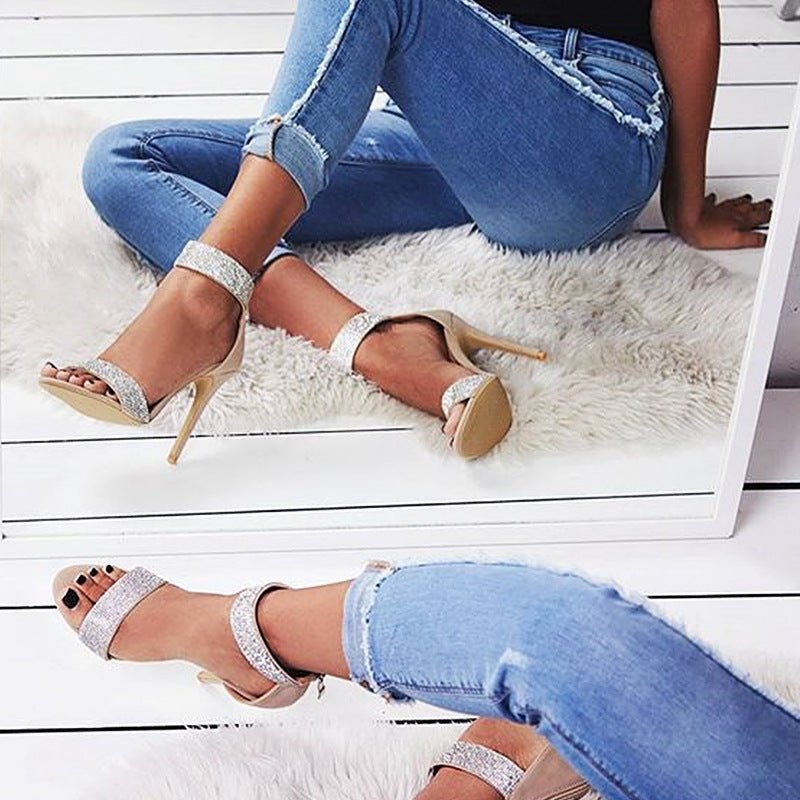 Fish mouth rhinestone high heel women sandals Apricot