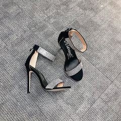Fish mouth rhinestone high heel women sandals Apricot