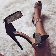 Fish mouth rhinestone high heel women sandals Black