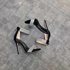 Fish mouth rhinestone high heel women sandals Apricot