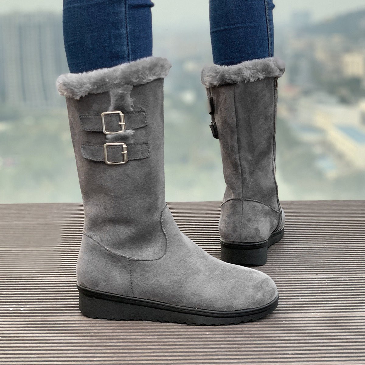 Fleece - lined Thick Mid - calf Martin Boots Wedge Heel Black