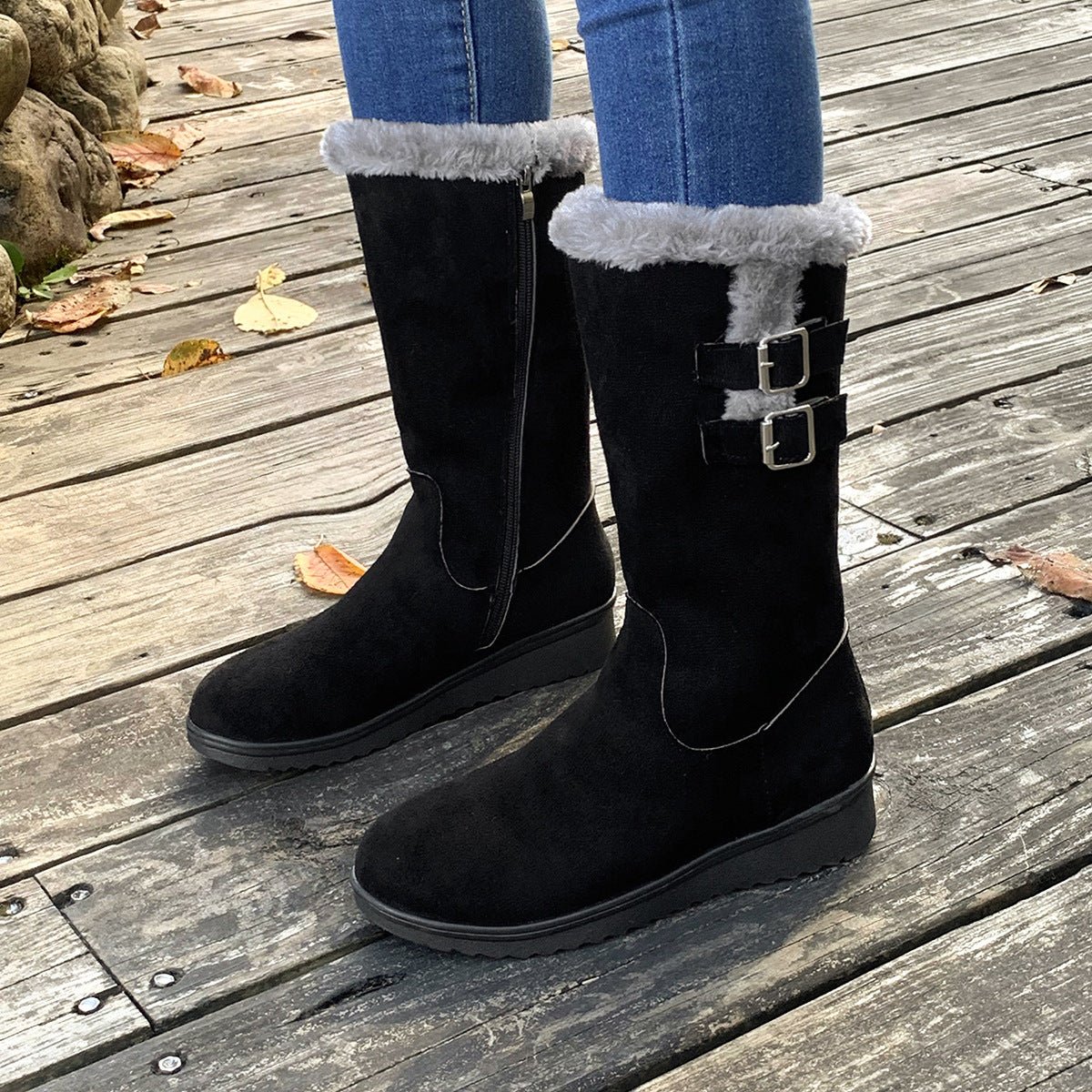 Fleece - lined Thick Mid - calf Martin Boots Wedge Heel Black