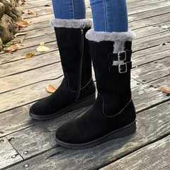 Fleece - lined Thick Mid - calf Martin Boots Wedge Heel Black