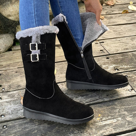 Fleece - lined Thick Mid - calf Martin Boots Wedge Heel Black