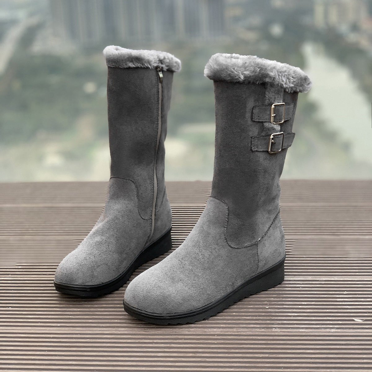Fleece - lined Thick Mid - calf Martin Boots Wedge Heel Black