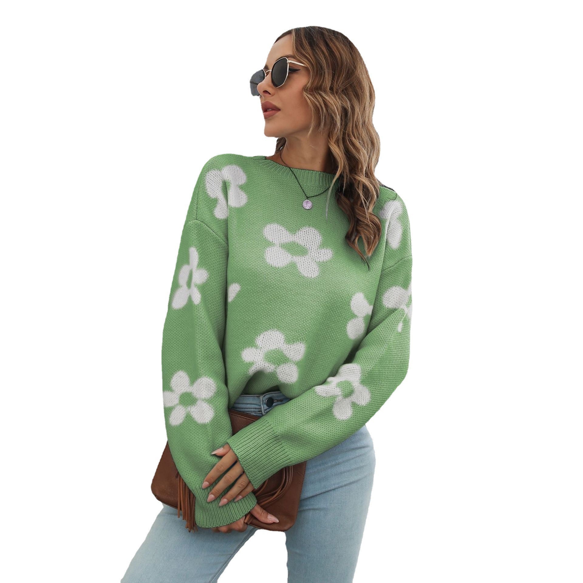 Flower Brocade Sweater Women's Loose Long Sleeve Light Green