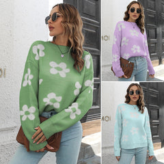 Flower Brocade Sweater Women's Loose Long Sleeve Light Blue