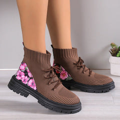 Flowers Print Sock Boots Khaki