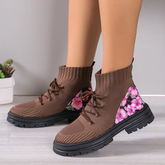 Flowers Print Sock Boots Black