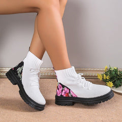 Flowers Print Sock Boots Black