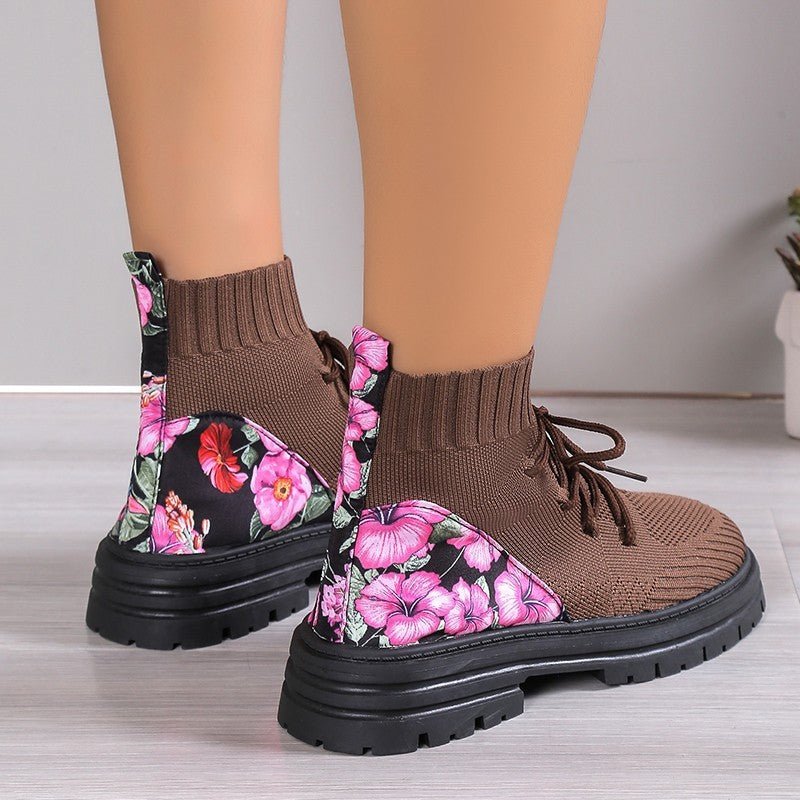 Flowers Print Sock Boots Black