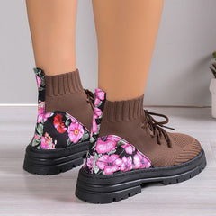 Flowers Print Sock Boots Black