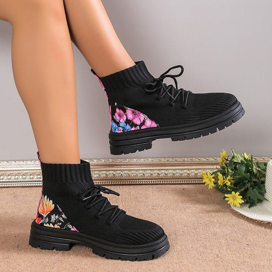 Flowers Print Sock Boots Black