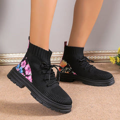 Flowers Print Sock Boots Black