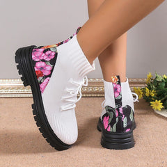 Flowers Print Sock Boots Black