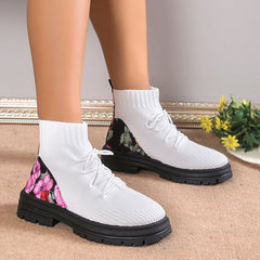 Flowers Print Sock Boots White