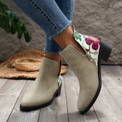 Flowers Printed Ankle Boots Beige