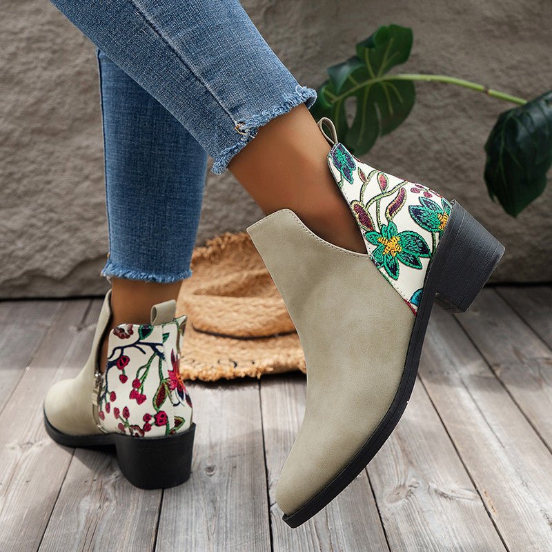 Flowers Printed Ankle Boots Beige