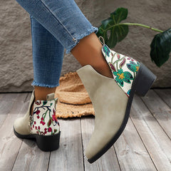 Flowers Printed Ankle Boots Beige