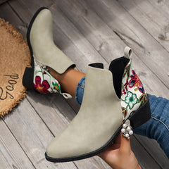 Flowers Printed Ankle Boots Beige