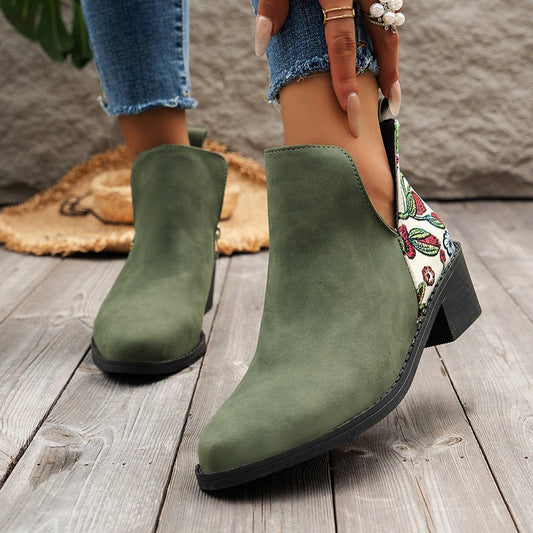 Flowers Printed Ankle Boots Beige