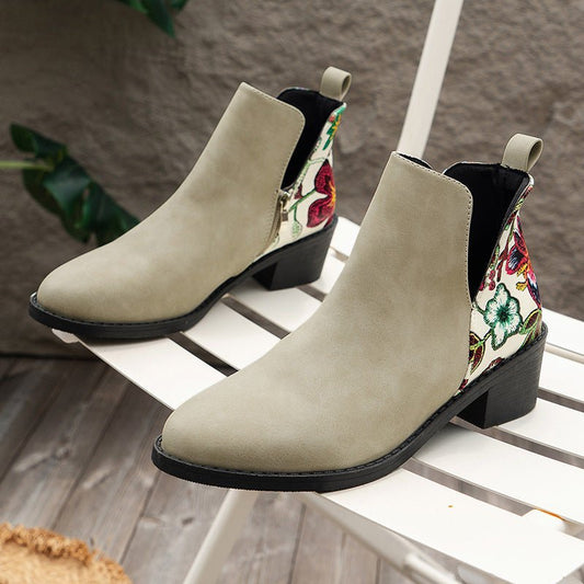 Flowers Printed Ankle Boots Beige