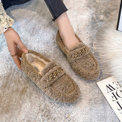 Fluffy Shoes Women's Winter Wear New Lamb Velvet Thermal Non - slip Brown