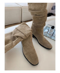 French Mid - calf Thin Western Denim Boots Khaki Velvet 8cM