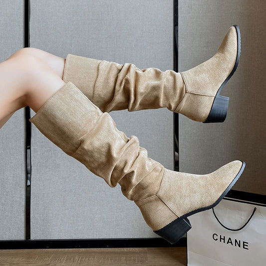 French Mid - calf Thin Western Denim Boots Khaki Color Increases By 8CM