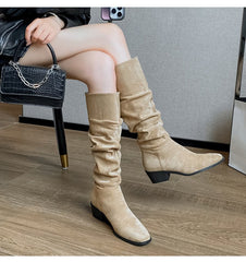 French Mid - calf Thin Western Denim Boots Khaki Single Lining 5cm